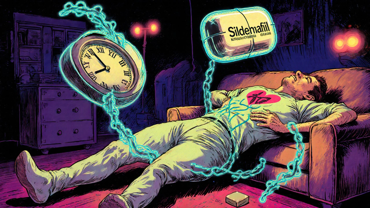 A man collapsing as glowing nitroglycerin and sildenafil pills pull on his heart, with a spinning clock showing 18 hours.