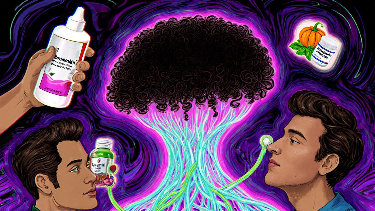 A man using minoxidil and another taking finasteride, connected by glowing strands of hair, with ineffective supplements floating nearby.