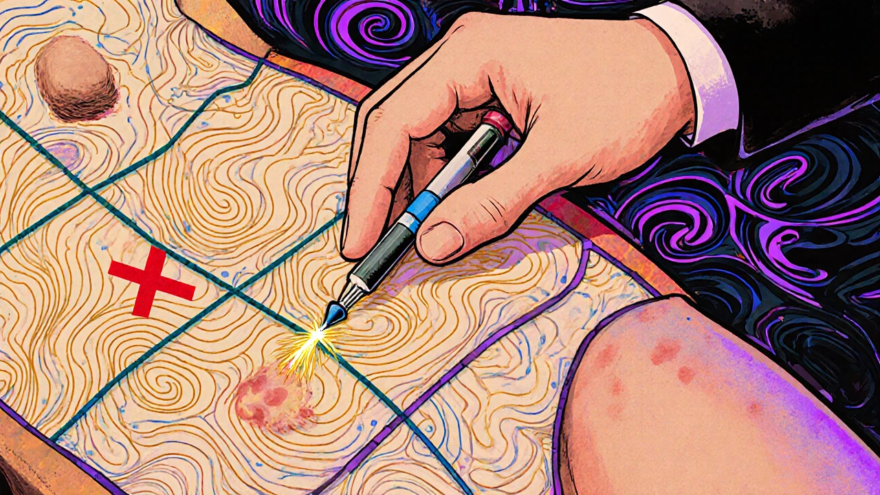 Artistic grid map of injection sites on body with one area marked for avoidance, rendered in flowing psychedelic lines and vibrant hues.