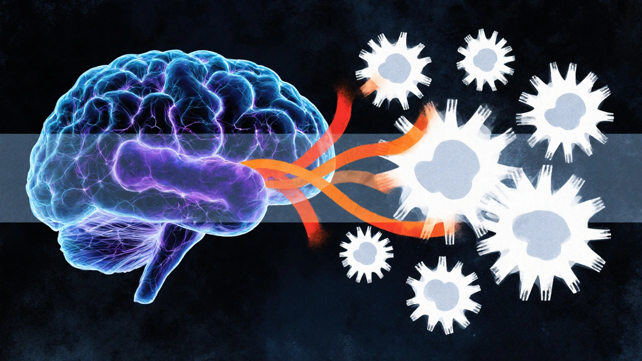 Brain and immune cells connected by glowing cytokine lines across a barrier.