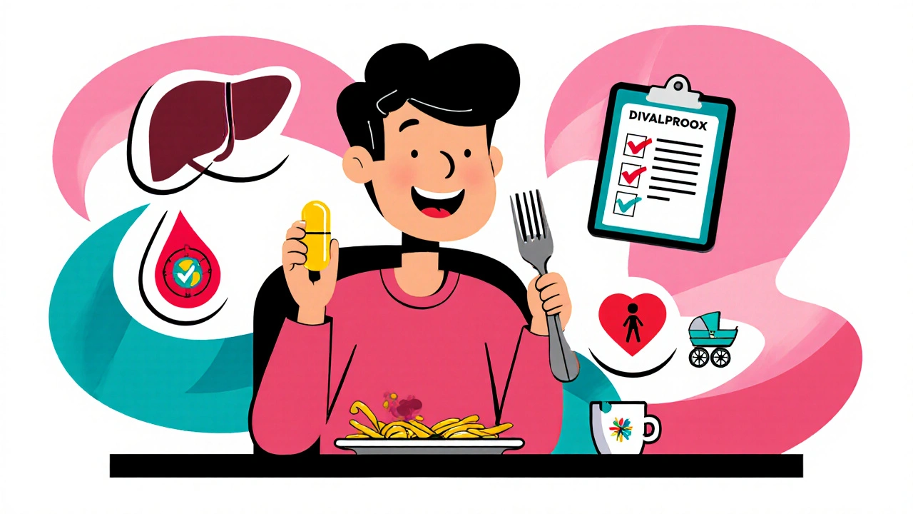 Cheerful person taking a pill with food, surrounded by liver, blood test, and pregnancy safety icons.