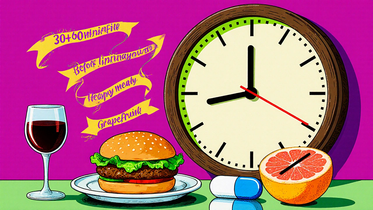 Clock at 30‑60 minutes, pill, light meal vs heavy meal, grapefruit and wine.