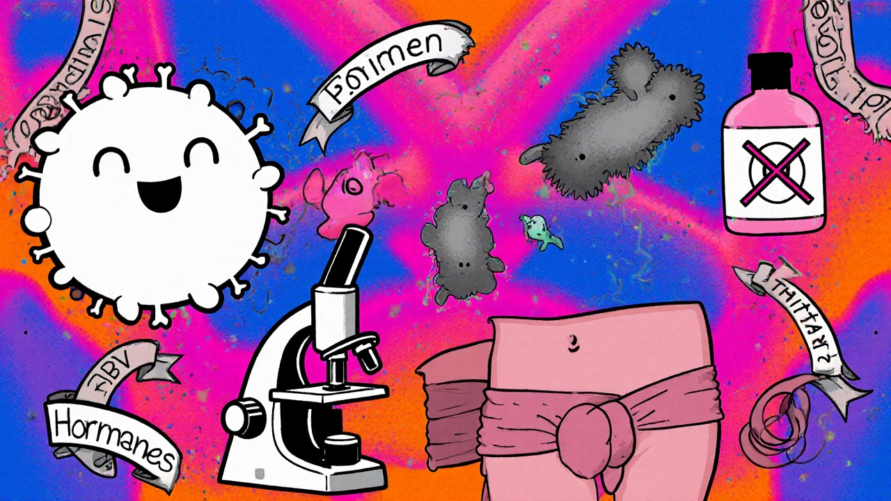 Colorful collage showing yeast, bacteria, soap, hormone symbol, and tight pelvic muscle as causes of burning.