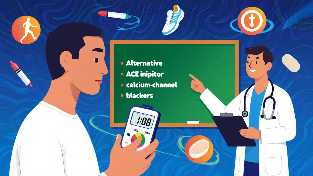 Diabetic patient checking glucose with doctor discussing medication alternatives.