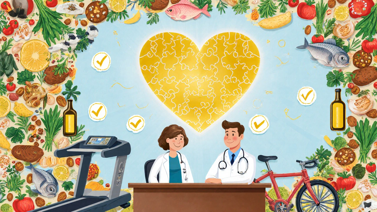 Doctor and patient discussing rosuvastatin with Mediterranean food and exercise icons.
