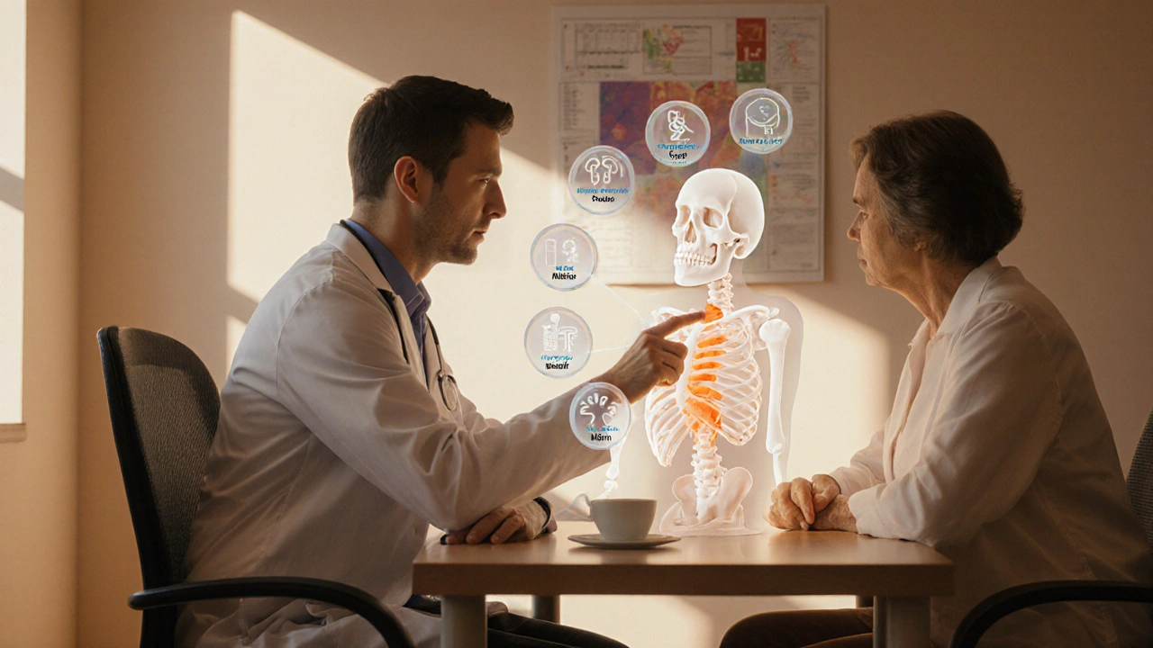 Doctor and patient reviewing a bone model with icons for kidney, cost, dosing, and side effects.