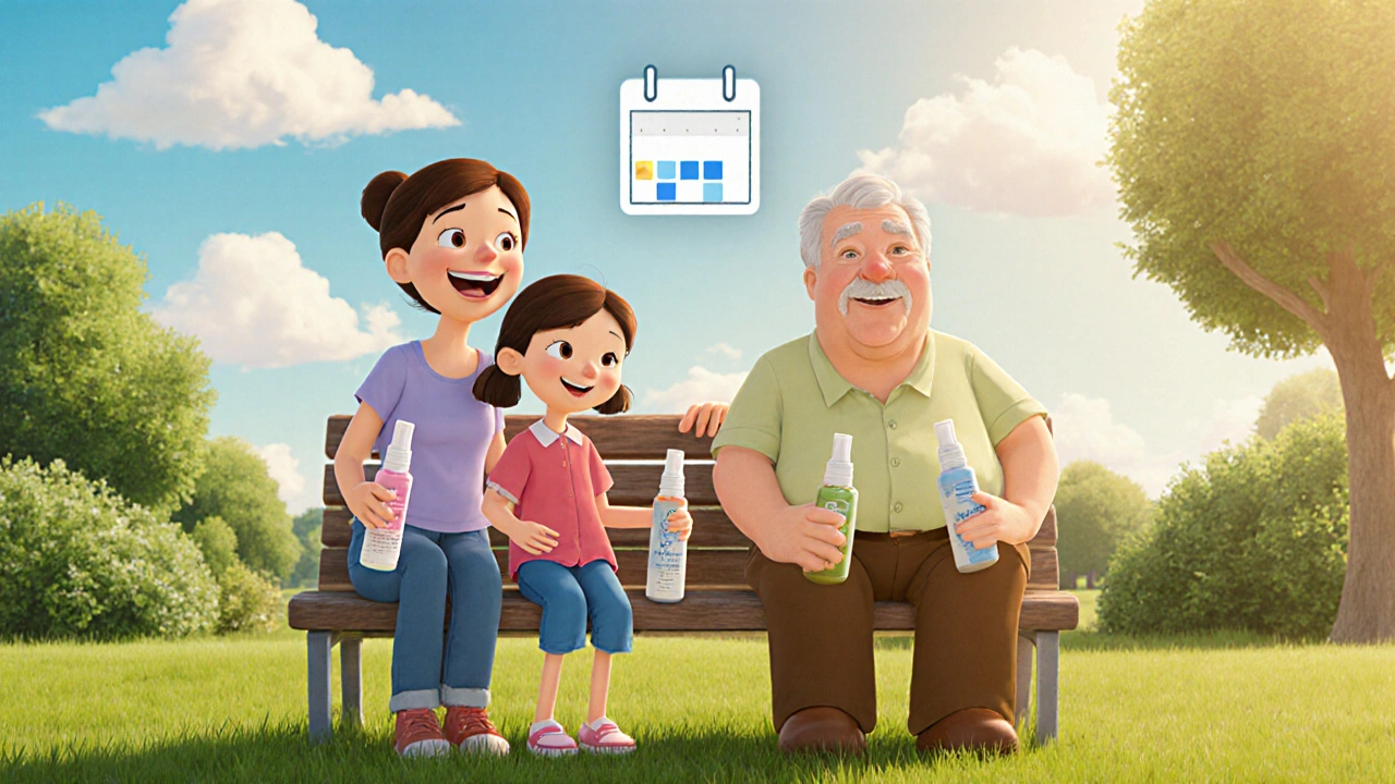 Family smiling outdoors, each with a nasal spray, with a three‑day reminder calendar.