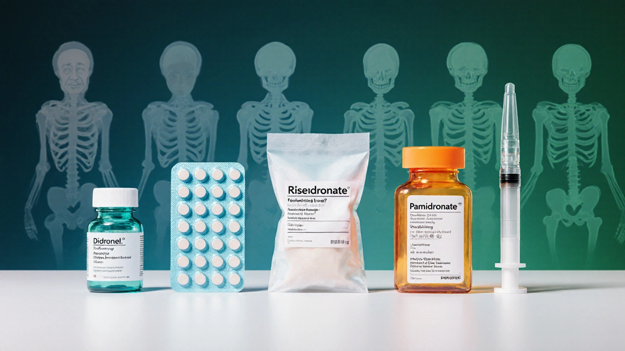 Five bone drug forms displayed with colored lighting and bone density silhouettes behind.