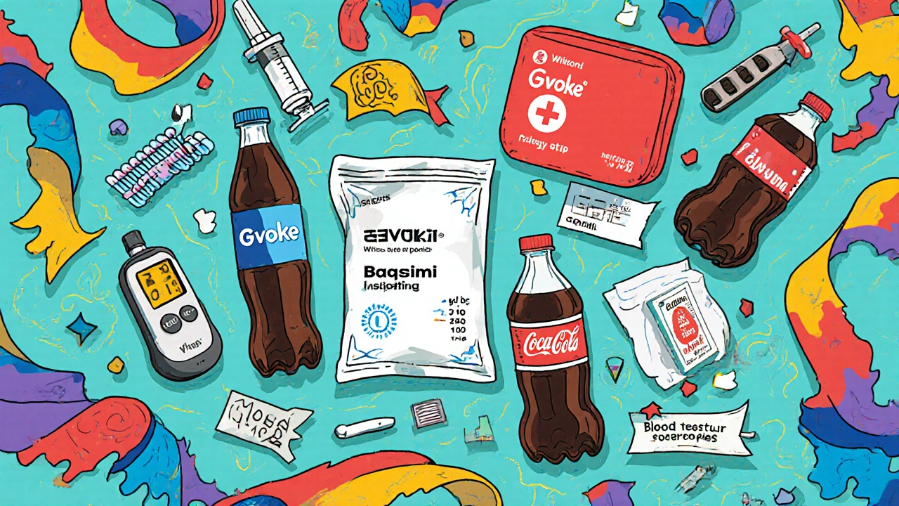 Flat‑lay of a diabetes emergency kit with glucagon, glucose tablets, meter, and supplies.
