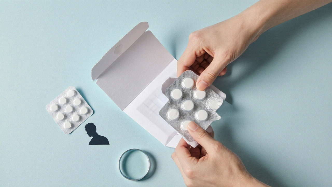 Hands opening a package, revealing white ivermectin tablets with magnifying glass.