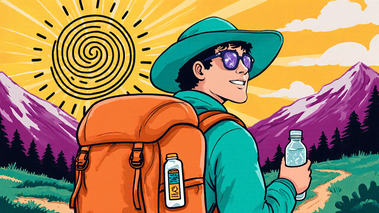 Hiker protected with hat, sunglasses, UPF jacket, and sunscreen bottle on a sunny trail.