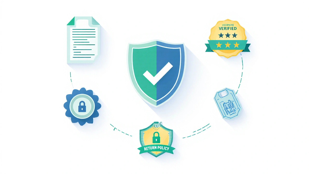 Illustrated checklist icons for verifying safe online pharmacies.
