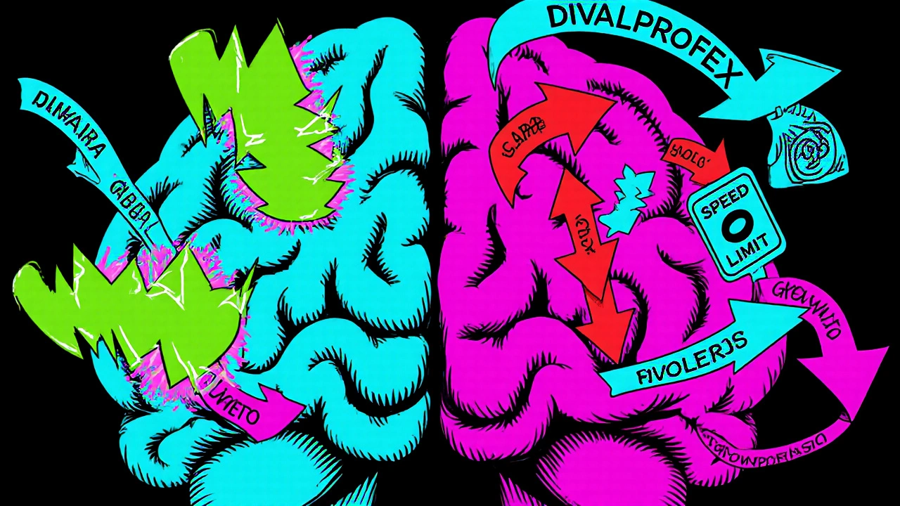 Illustration of a brain with GABA brakes and speed‑limit signs calming electrical activity.