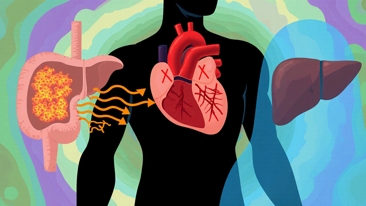 Illustration of atenolol blocking heart receptors, showing pancreas and liver effects.