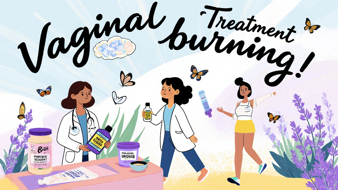 Illustration of doctor, therapist, creams, yogurt, and a relieved woman walking in a sunny garden.