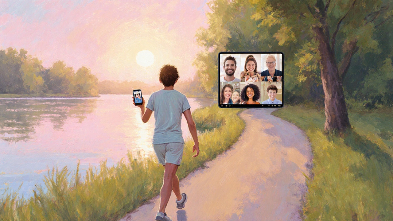 Individual strolling by a lake, holding phone showing a supportive video call.