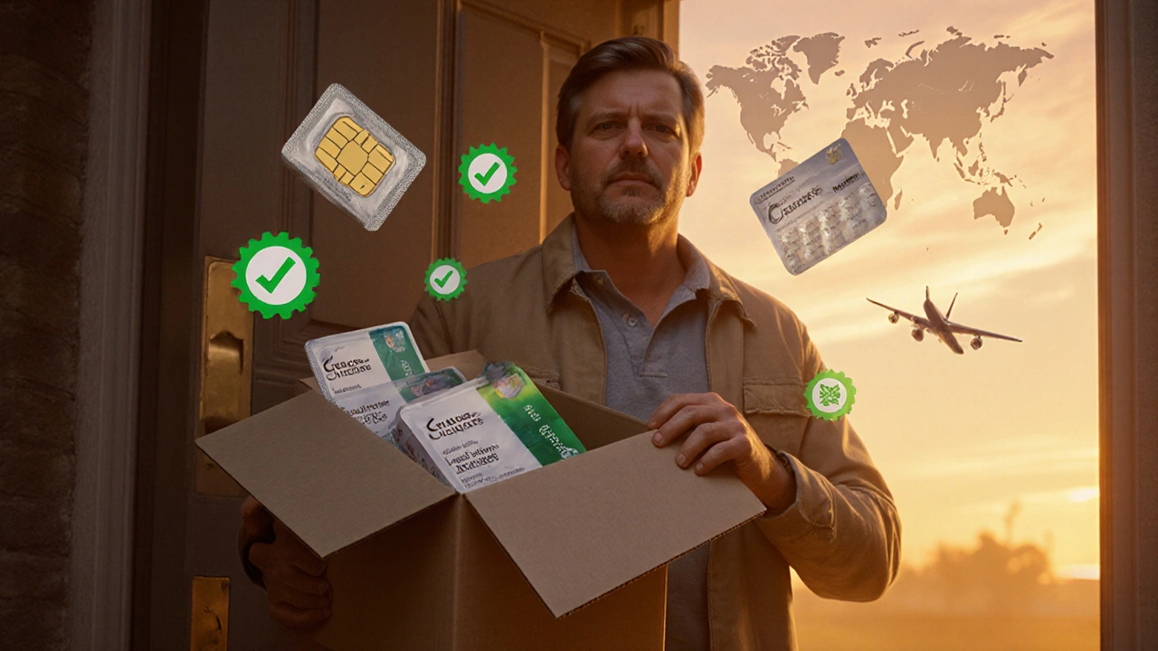 Man opening a delivery box of verified generic medication with floating checkmark icons.