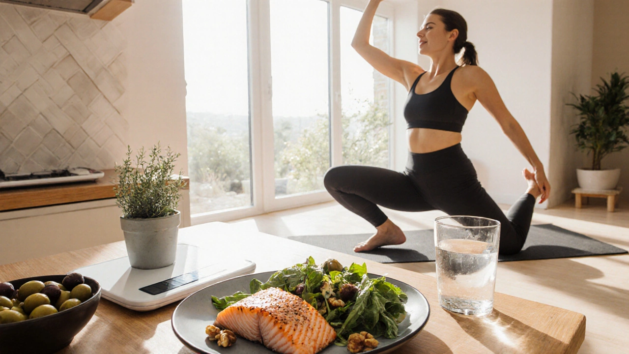 Mediterranean foods and a woman practicing yoga, promoting joint health.