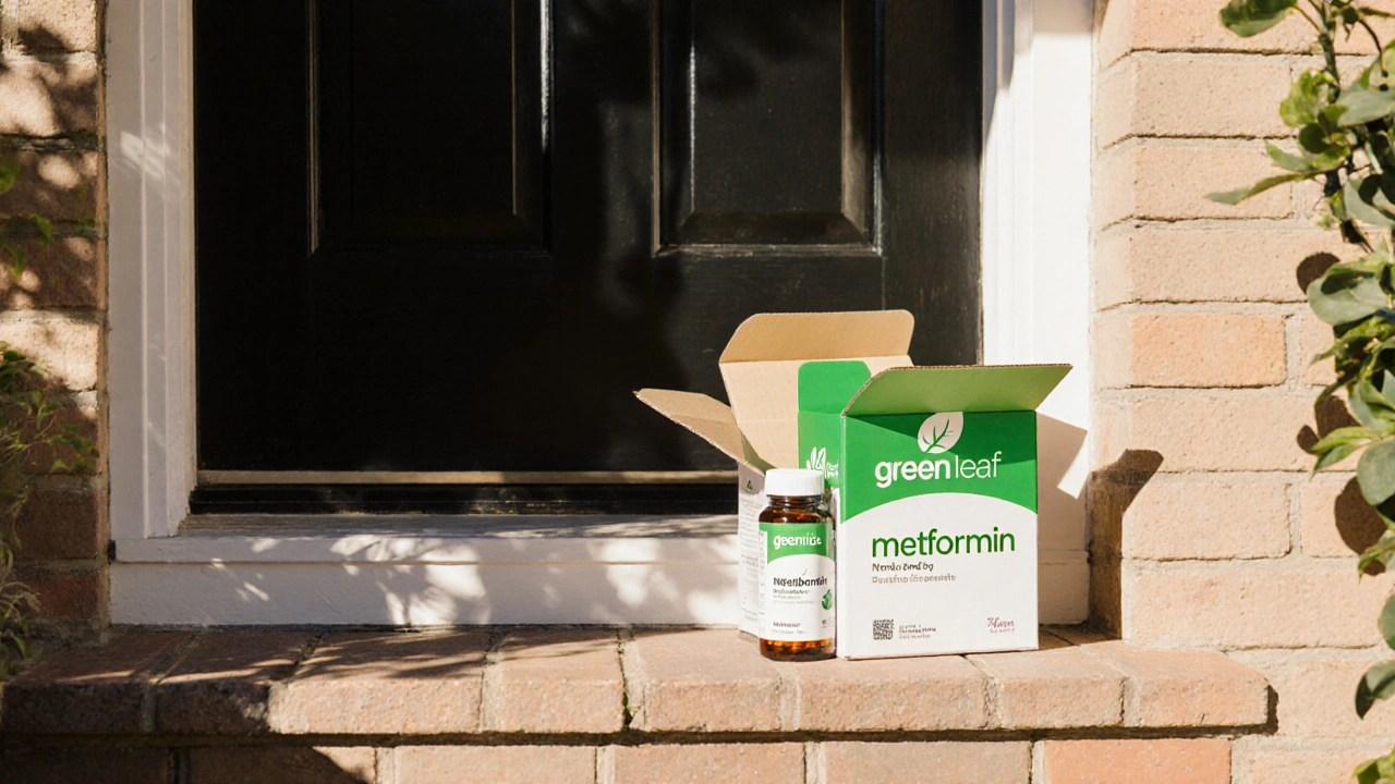 Open delivery box on doorstep showing bottle of generic metformin tablets.