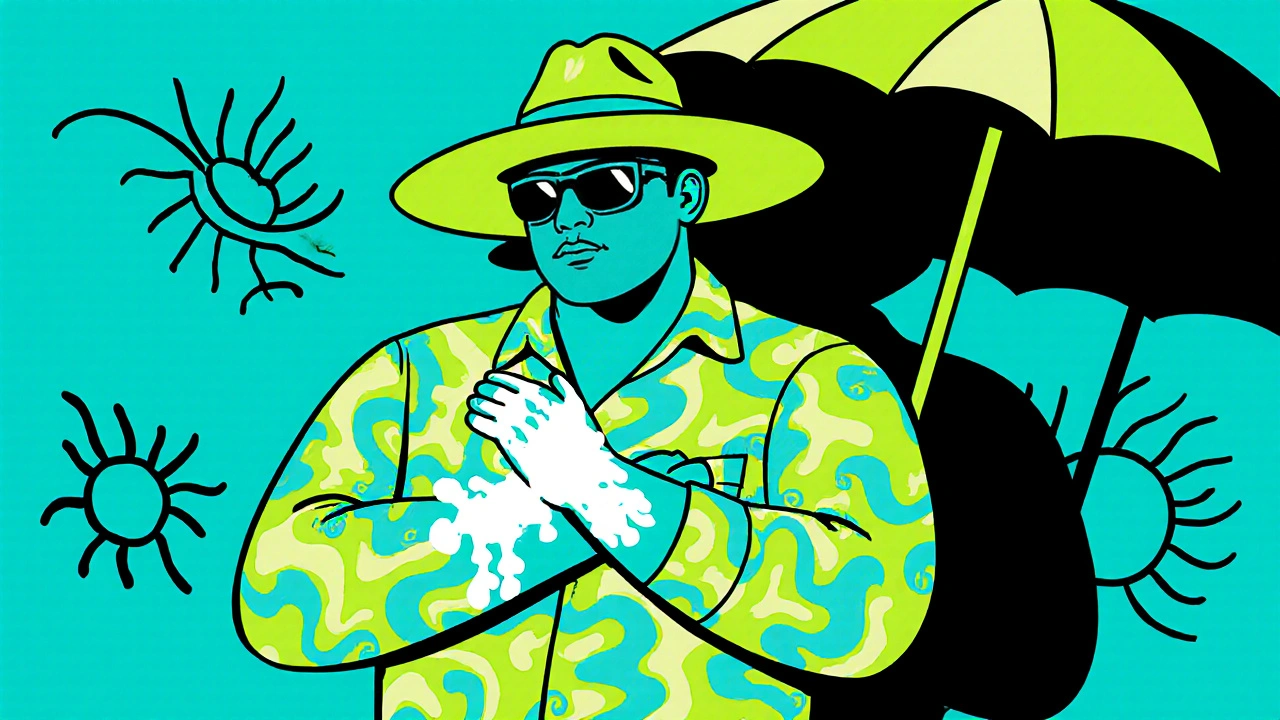 Outdoor worker applying mineral sunscreen, wearing hat, sunglasses, and shade umbrella.