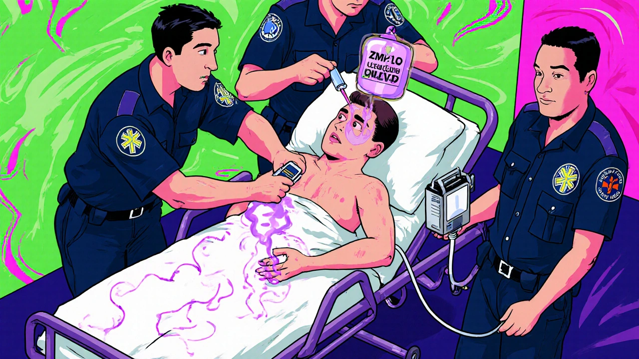 Paramedics treating severe hyperglycemia with IV fluids, electrolytes, and insulin.