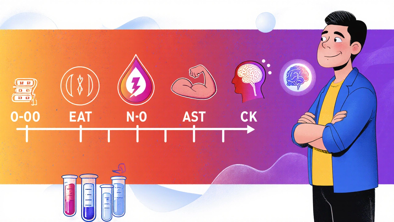 Patient beside timeline showing plaque reduction, muscle pain, glucose, and brain health.
