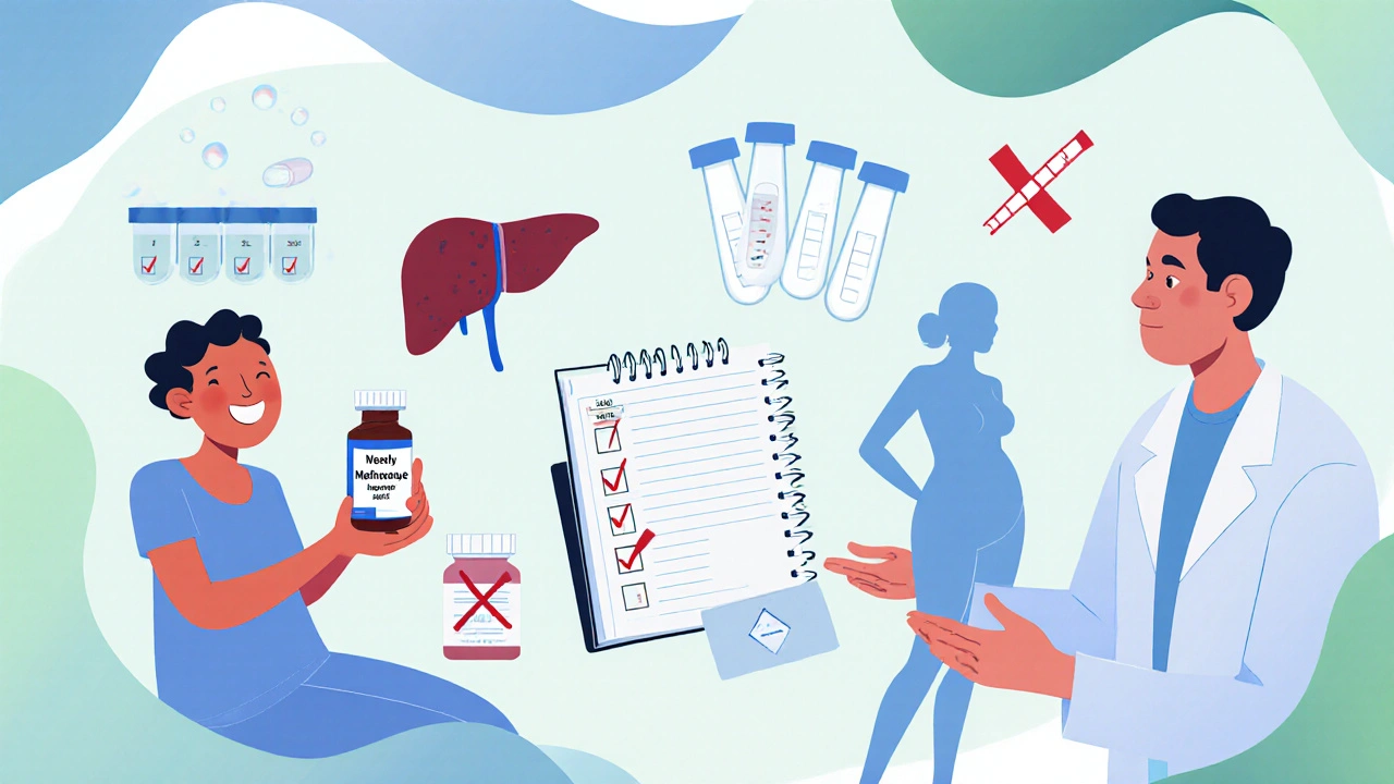 Patient holds pill, folic acid, and diary; doctor with lab tests nearby.