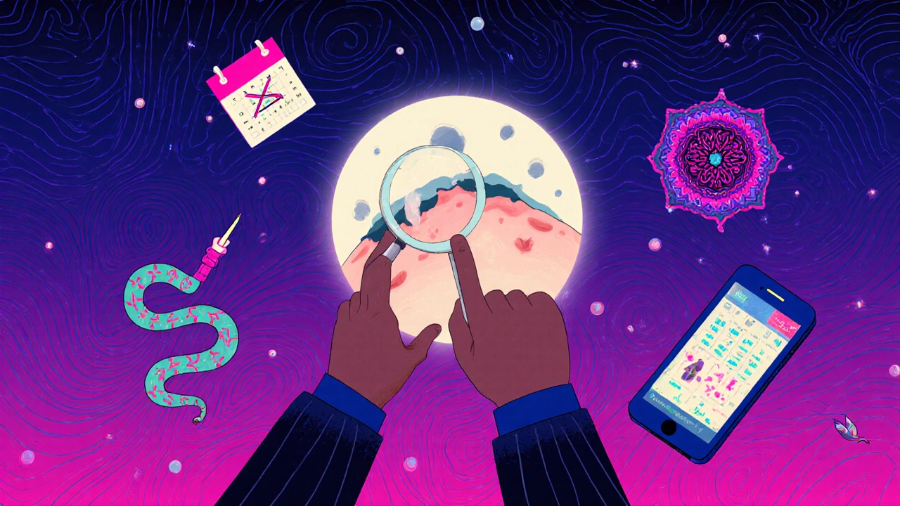 Person checking skin under magnifying glass, revealing hidden lumps and dents, surrounded by floating icons in swirling psychedelic style.