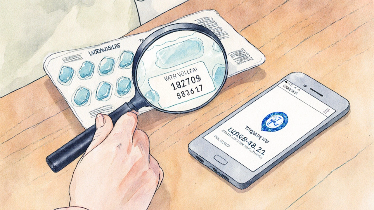 Person inspecting a sealed blister pack of generic pills with magnifying glass and phone.