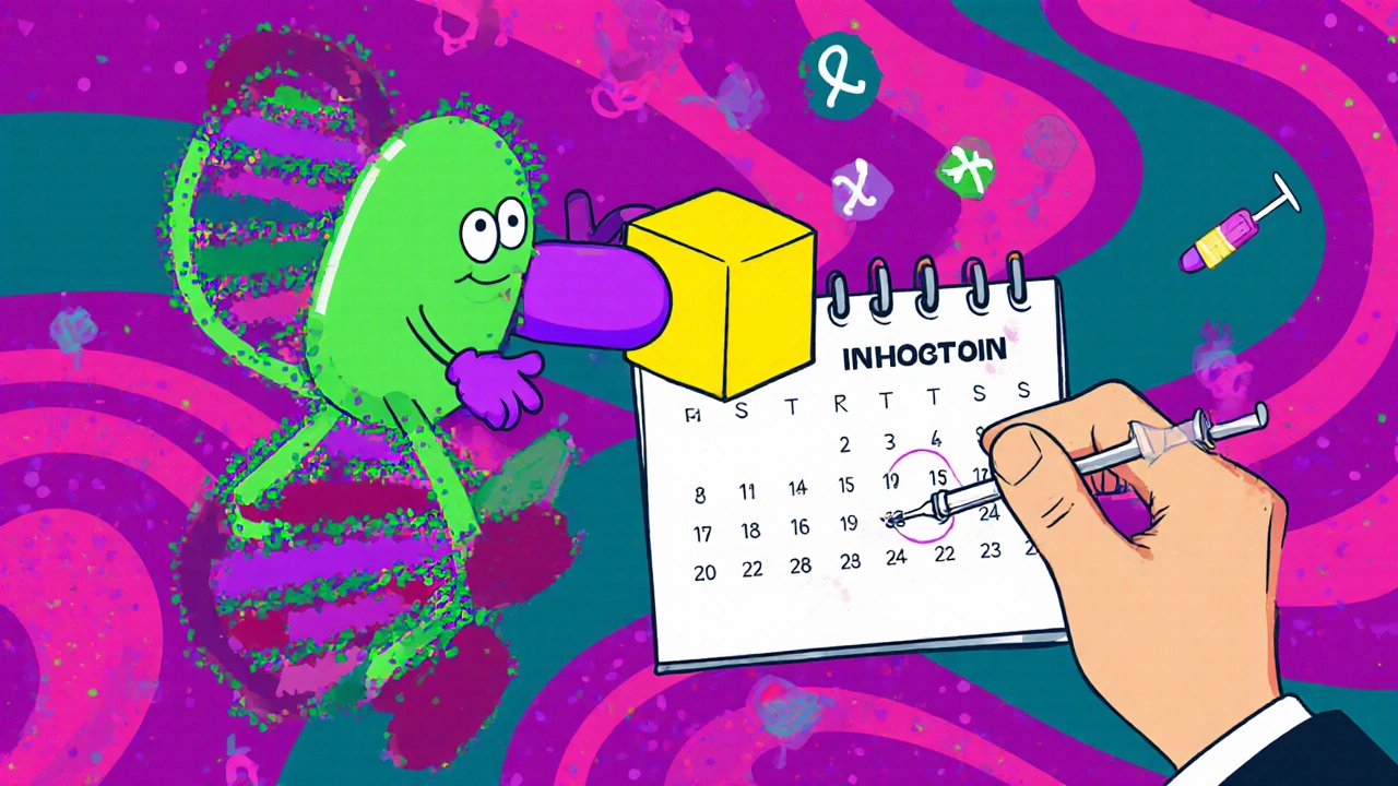 Pill blocks enzyme on a DNA helix; weekly calendar and injection shown.