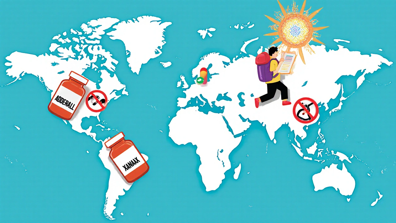 Pill bottles crashing into country maps with prohibition signs in swirling psychedelic style