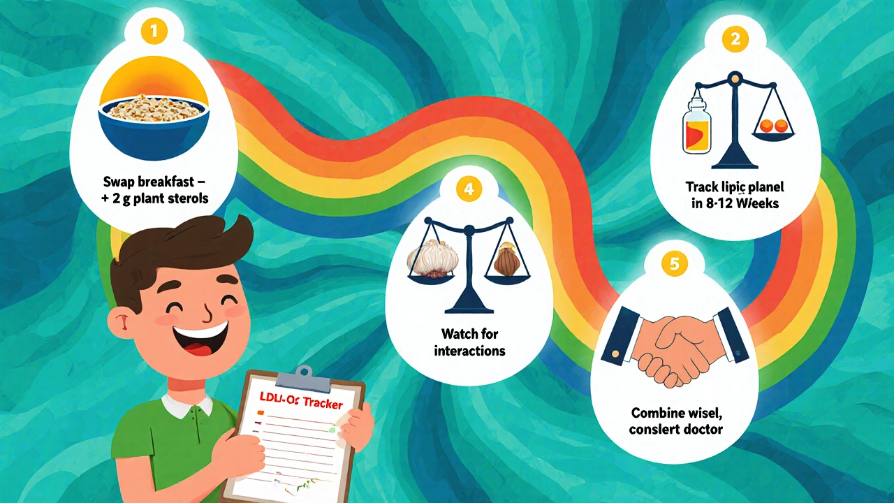 Roadmap showing steps to add natural cholesterol remedies, including diet swap, lab tracking, dosing, and doctor consult.