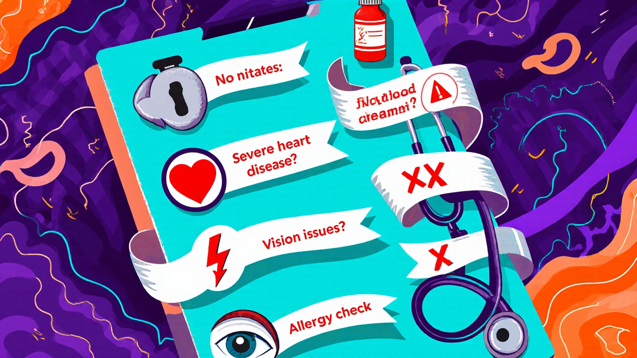 Safety checklist with doctor, heart, nitroglycerin, eye and warning symbols.