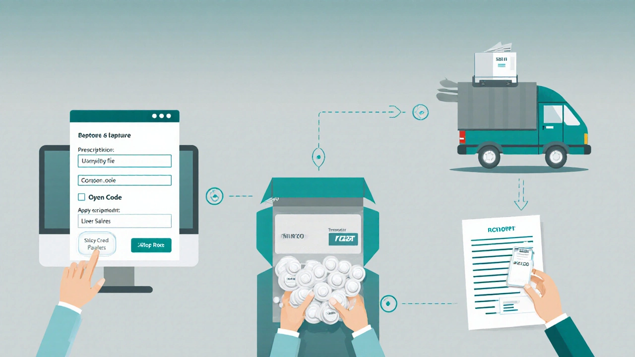 Sequence showing prescription upload, order confirmation, delivery, and tablet inspection.