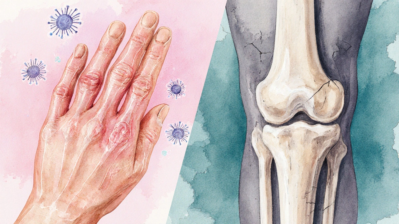 Split illustration contrasting rheumatoid arthritis hand swelling with osteoarthritis knee wear.
