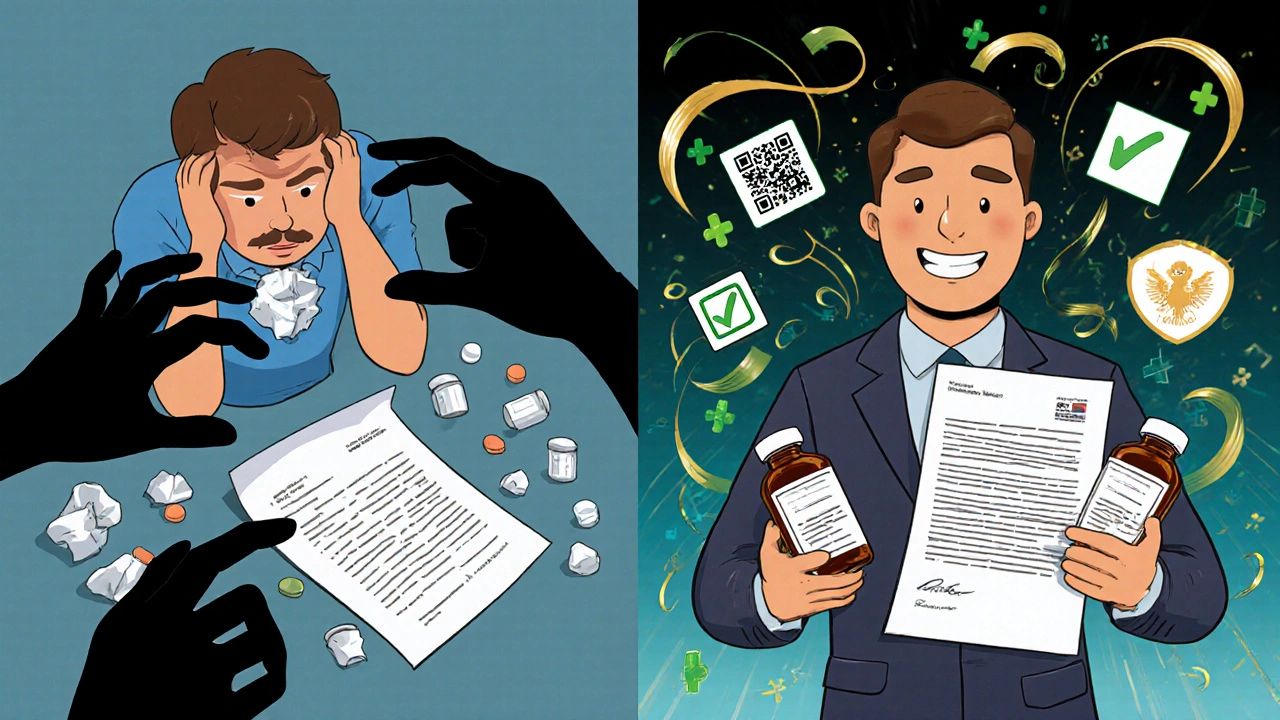 Split scene: chaotic unlabeled meds vs organized meds with doctor&#039;s letter and digital icons