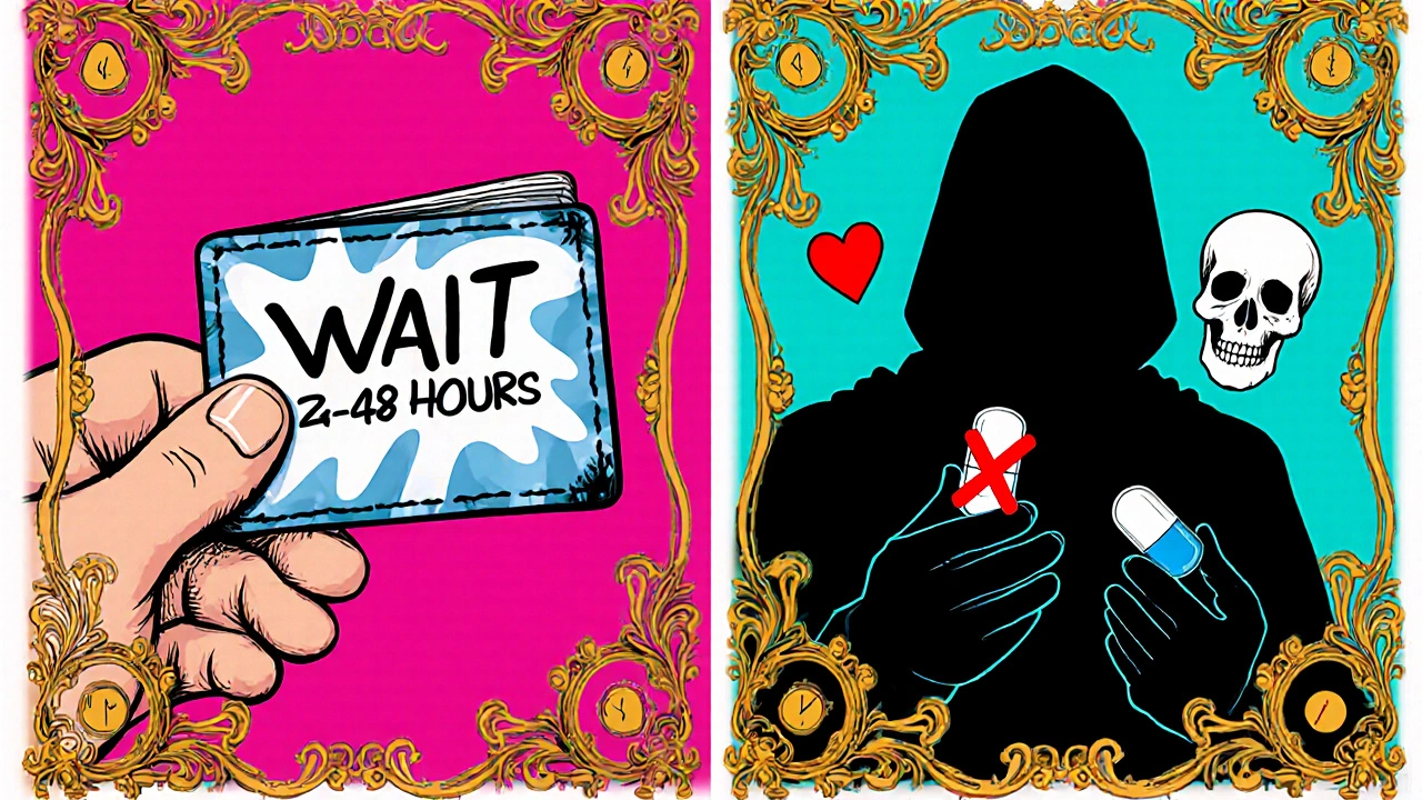 Split scene: doctor giving safety card vs. shadowy figure with poppers and Viagra, surrounded by warning symbols in psychedelic style.