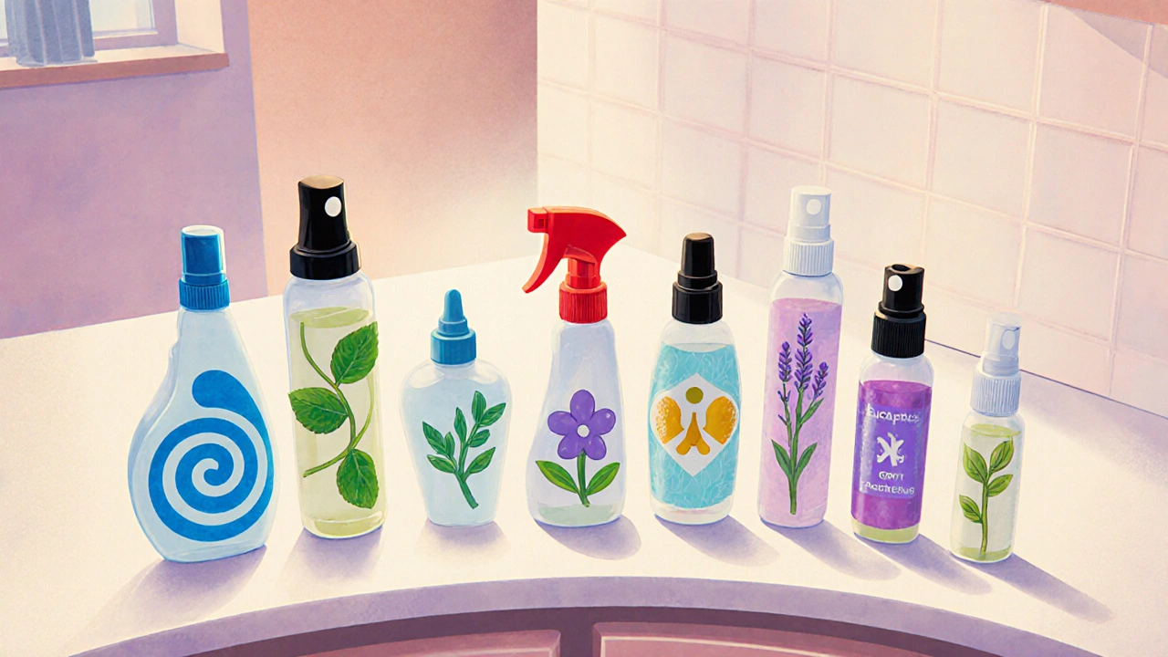 Ten different nasal spray bottles arranged on a pastel countertop with distinct visual cues.