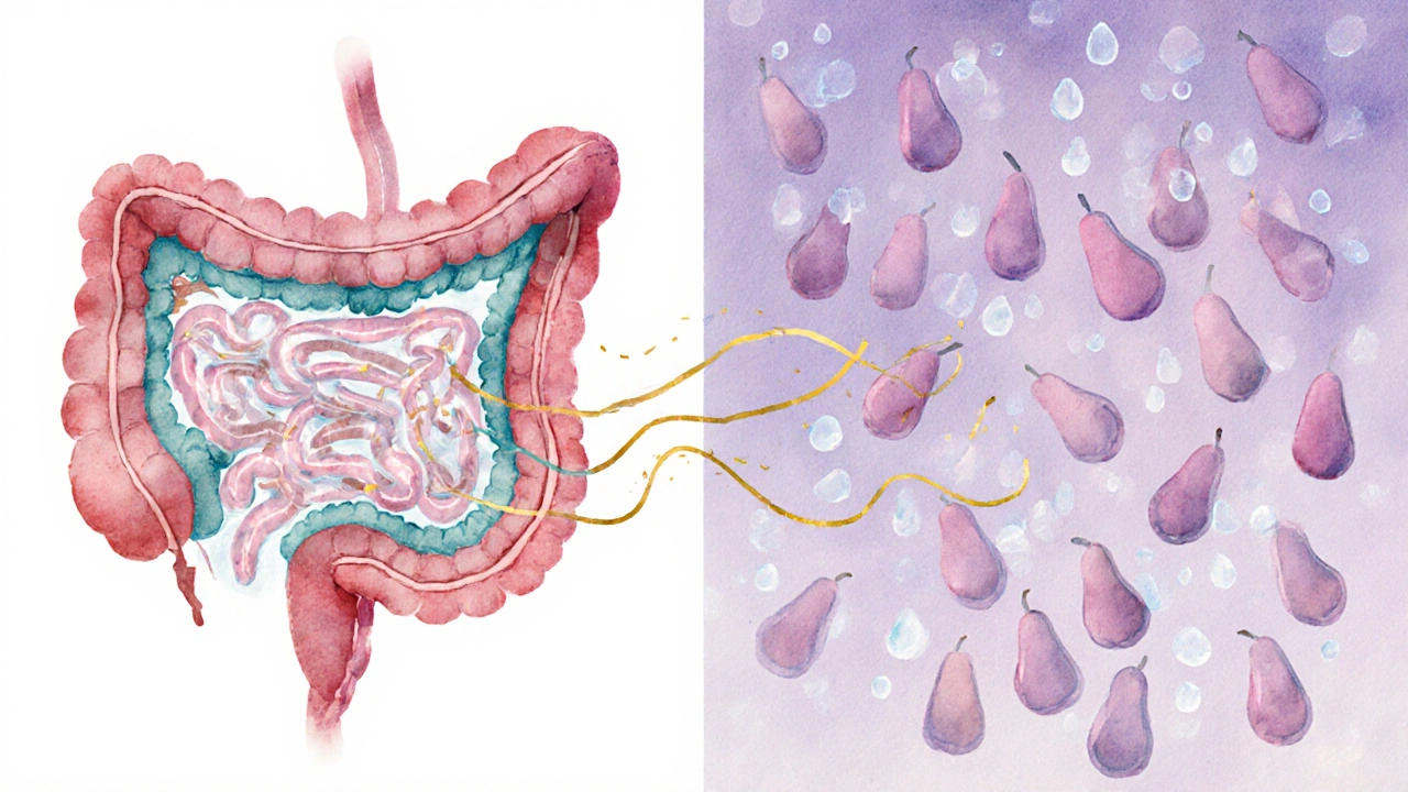 Watercolor split scene linking gut fibers to vaginal Lactobacillus via bloodstream SCFA flow.