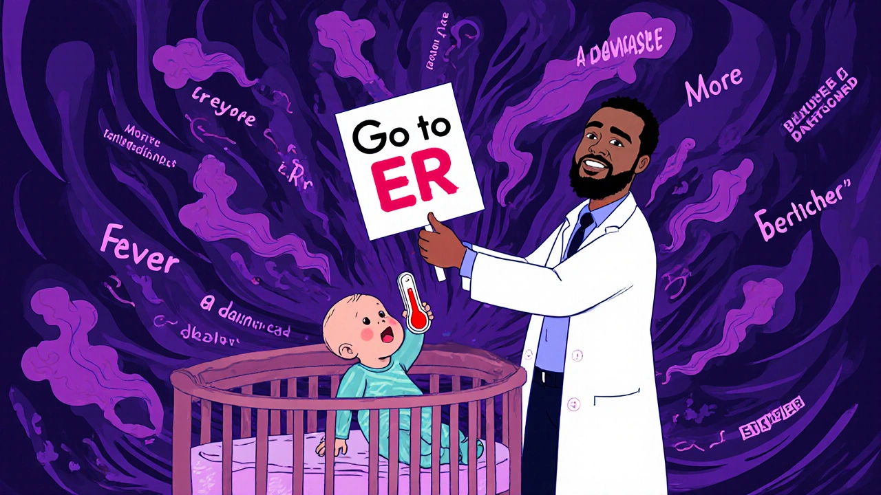 A baby under 3 months with a fever, surrounded by dissolving myths and a doctor urging an ER visit in swirling psychedelic colors.