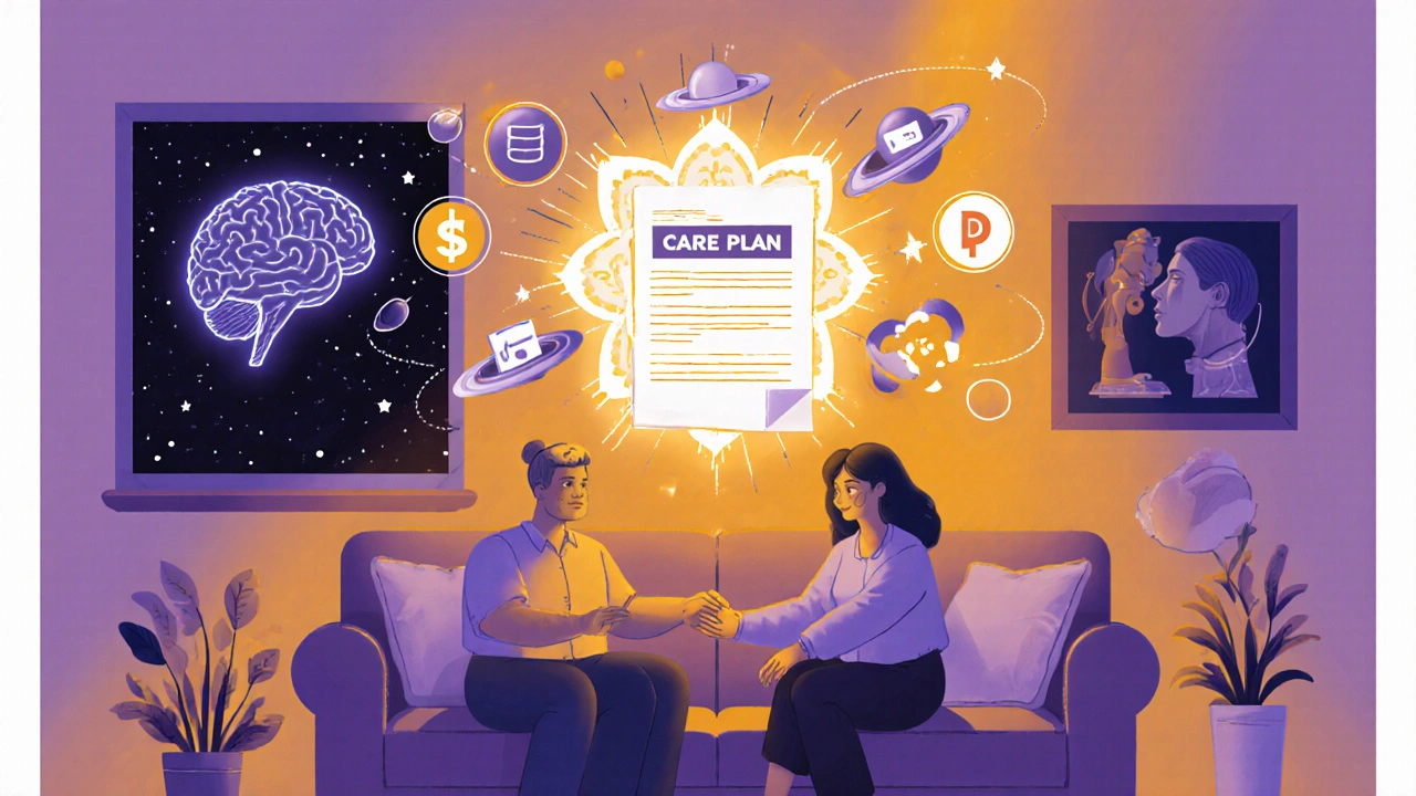 A caregiver and person with HD connected by a glowing care plan with supporting icons in warm tones.