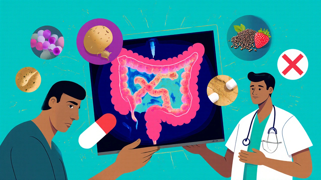 A doctor holding a glowing CT scan of a colon, with fiber foods and a crossed-out pill in vibrant psychedelic art style.