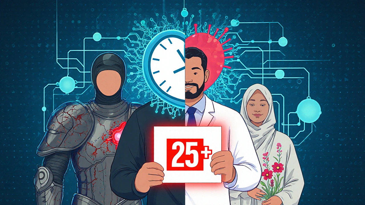 A doctor shows a high bleeding risk score as a patient splits into heavy and light therapy versions with floral growth.