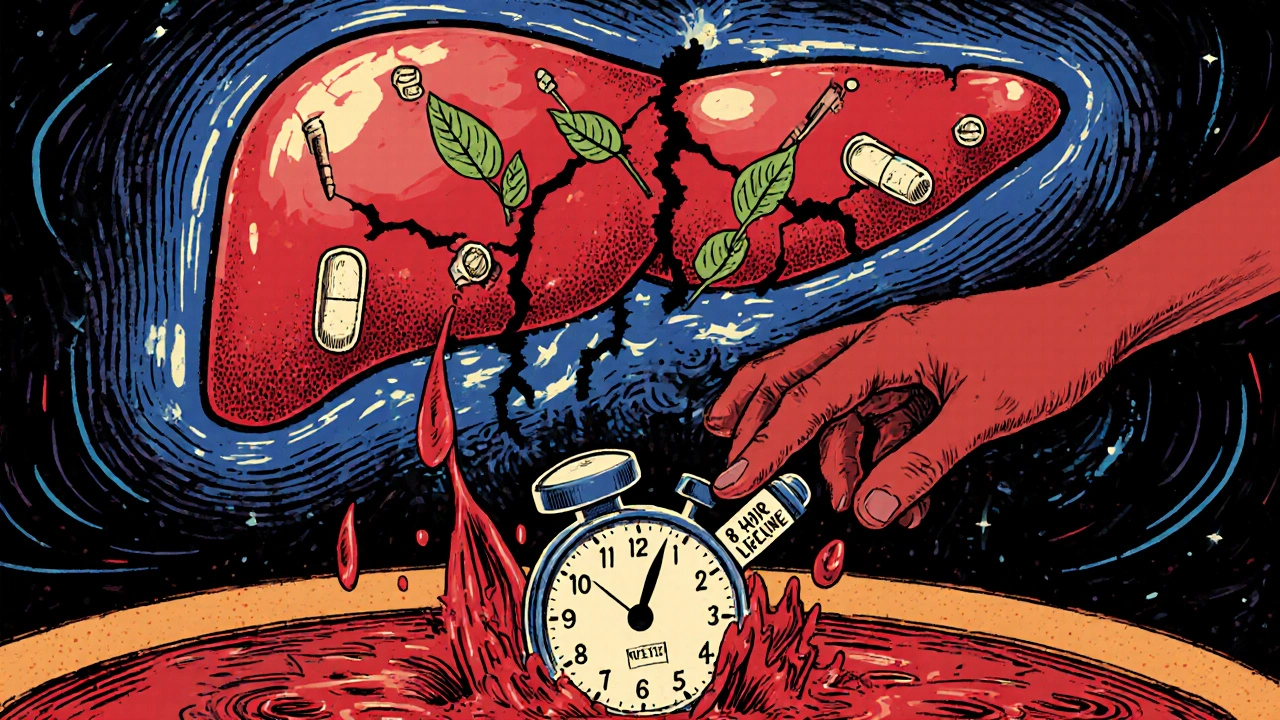 A glowing liver with pills embedded, cracking as a hand reaches for a lifesaving vial.