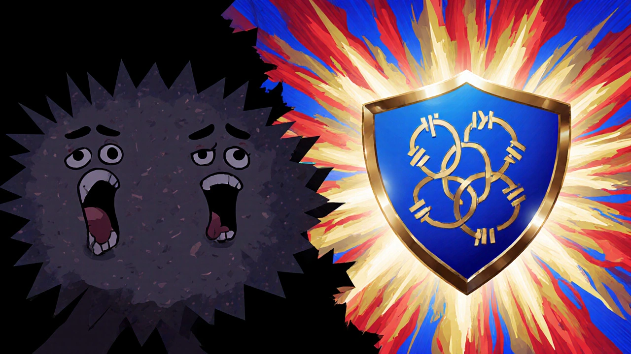 A glowing vaccine shield blocking a jagged, painful shingles rash in vibrant psychedelic colors.