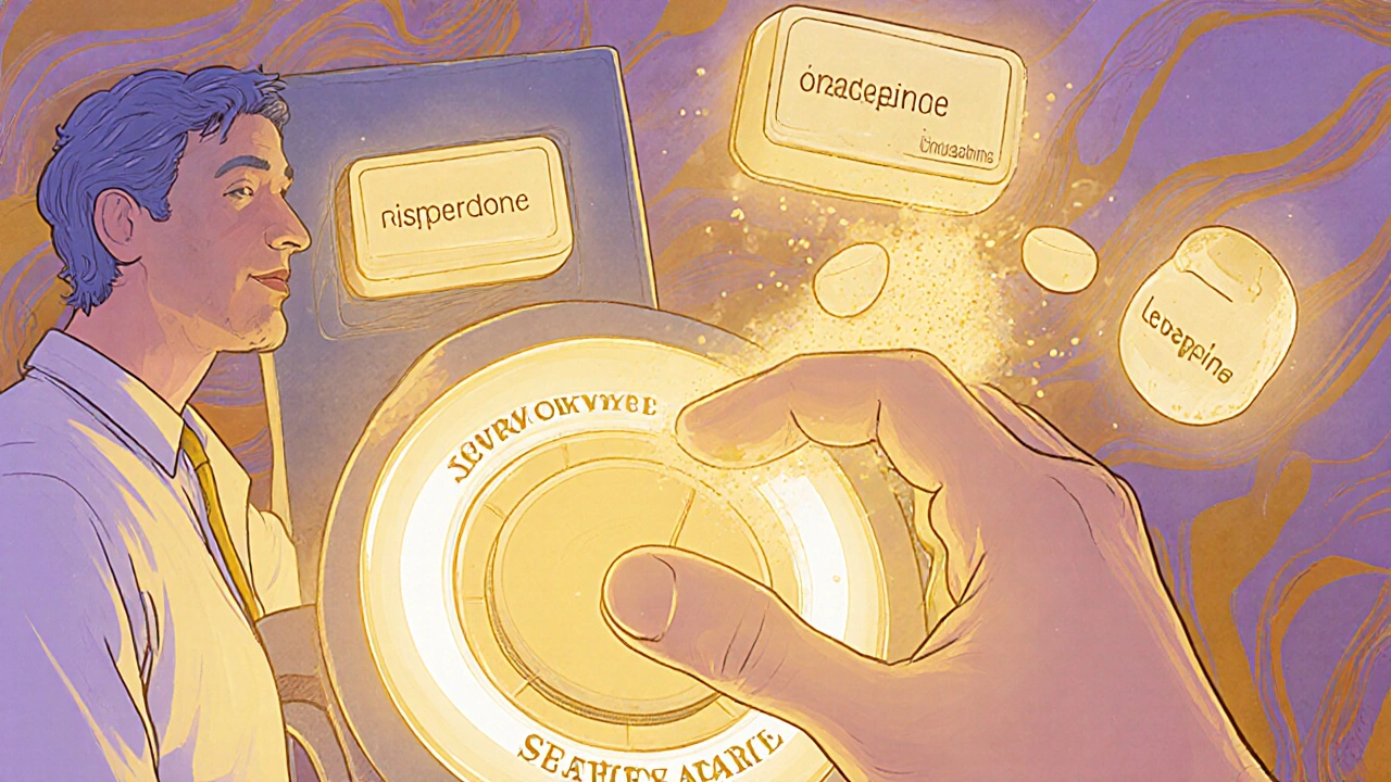 A neurologist adjusts a therapy dial as dangerous pills crumble, while safe options glow softly in warm light.