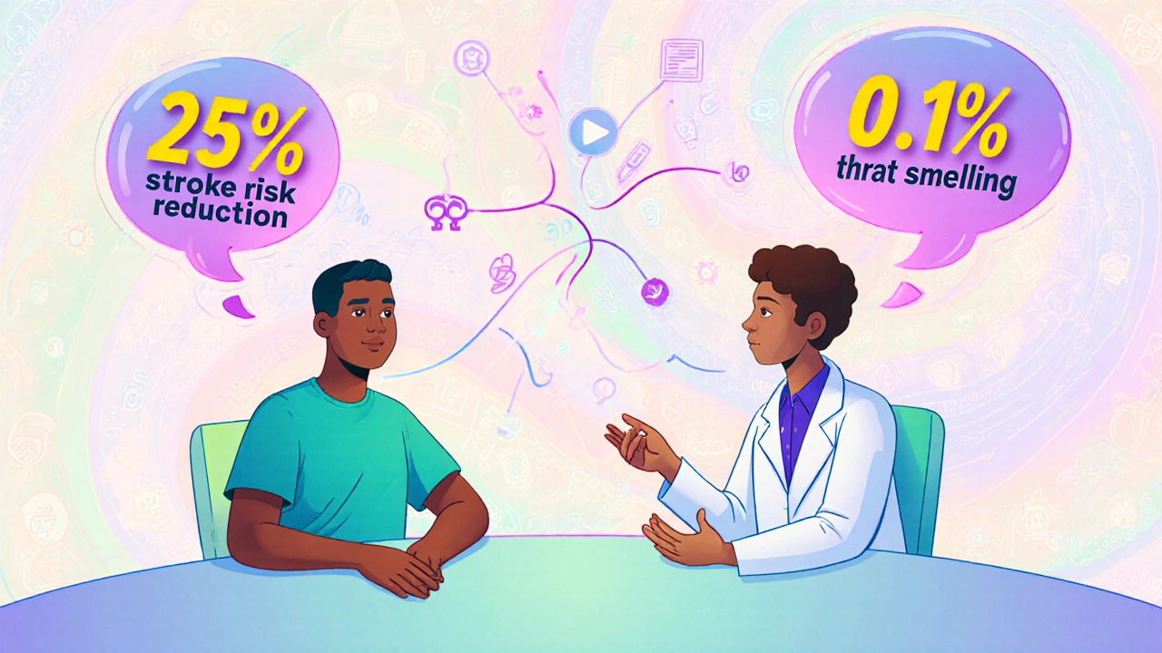 A patient and doctor discuss medication risks with floating numbers and swirling psychedelic connections.