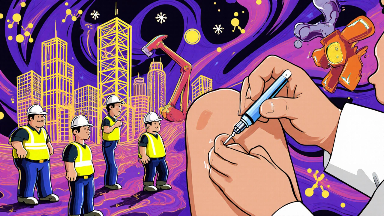 A patient injects PTH as cartoon builders construct new bone tissue, while demolition crews stand still in a swirling abstract background.