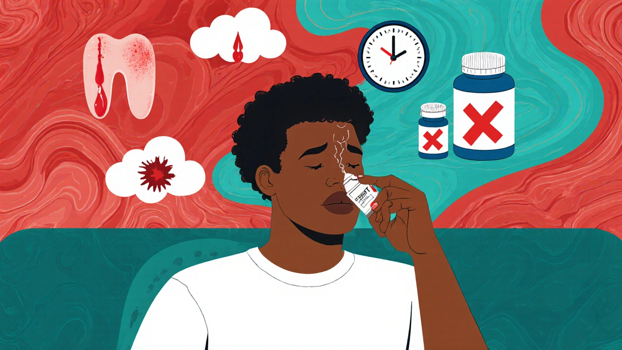 A patient managing nosebleeds while holding DAPT pills, with floating icons of bleeding signs and forbidden NSAIDs.