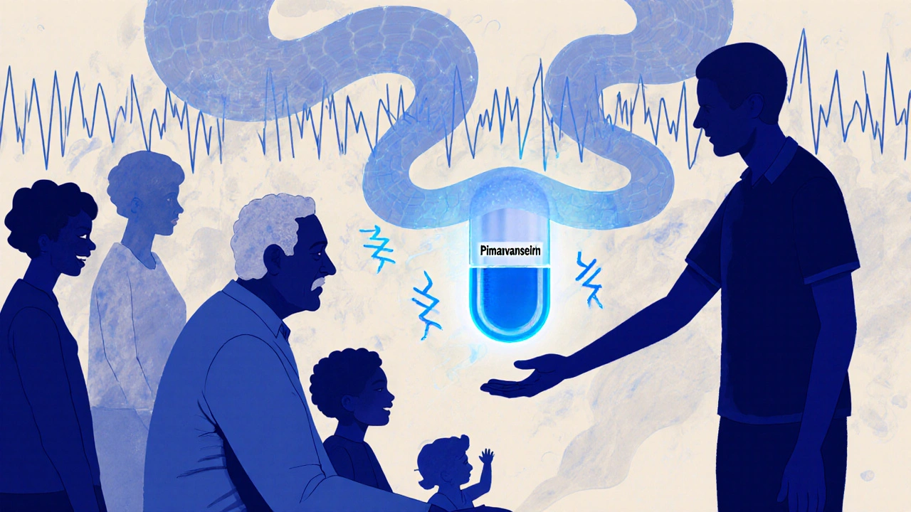 A patient smiles with family as shadowy figures drift away, a small pill hovers above their hand with glowing brain symbols.